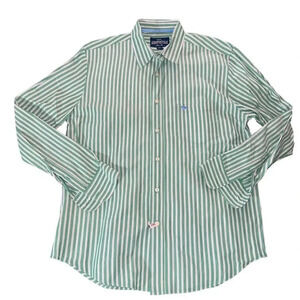 American‎ Eagle Mens Cotton Button Down Green White Striped Dress Shirt Large
